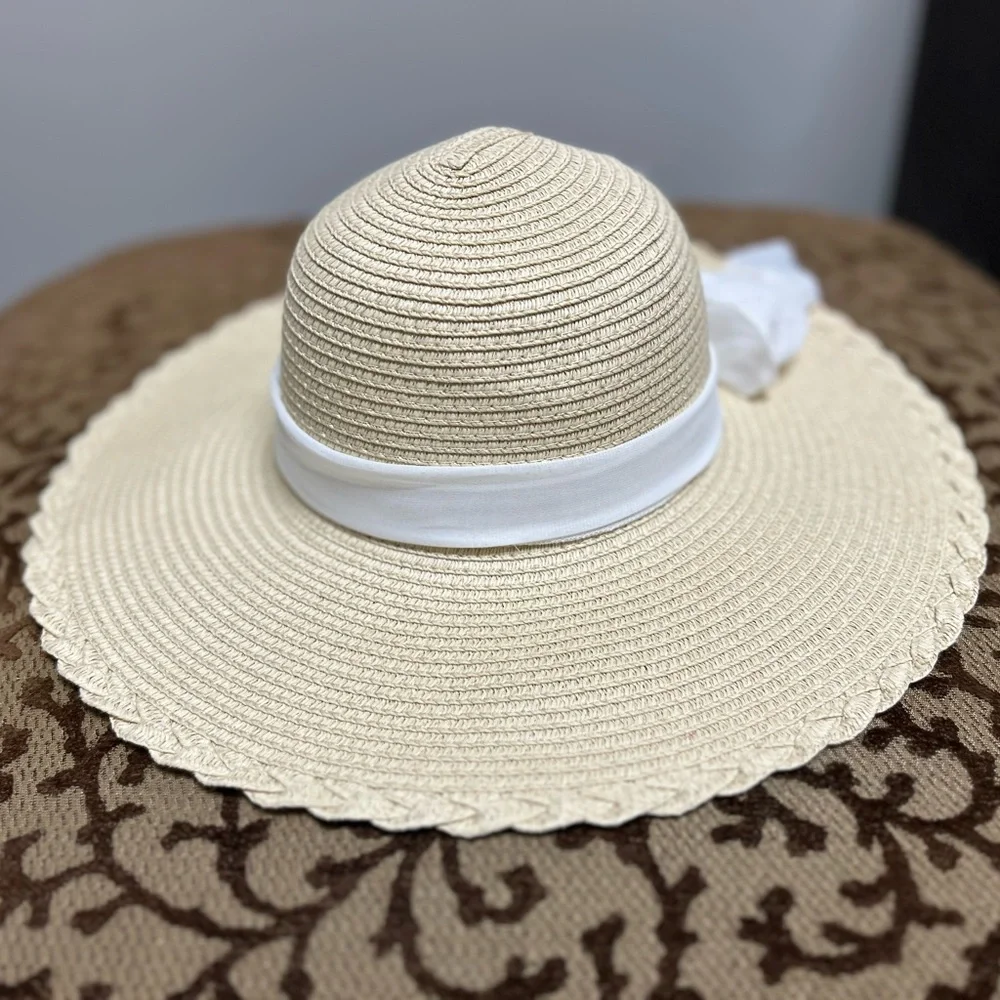 Straw Sun Hat with White Bow - Women's Beach Hat